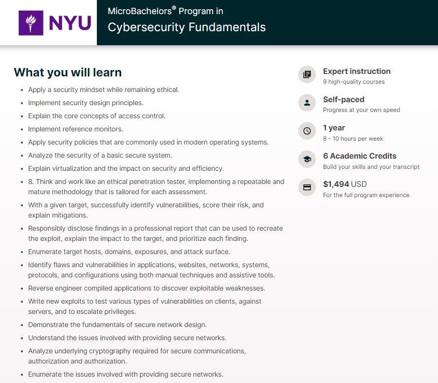 NYU: MicroBachelors® Program in Cybersecurity Fundamentals