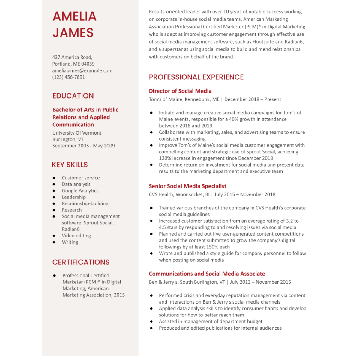 social media specialist role resume