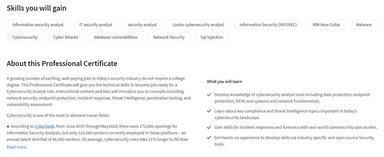 professional course by IBM cybersecurity courses