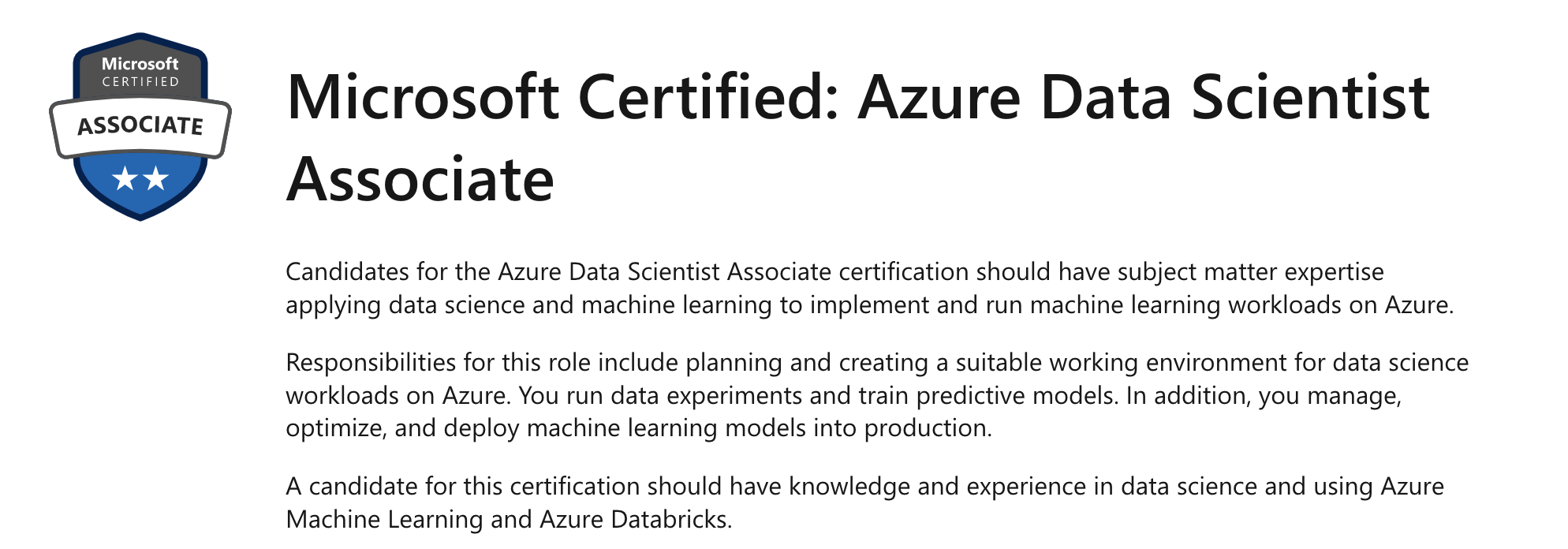 Microsoft Certified Azure Data Scientist Associate Certificate