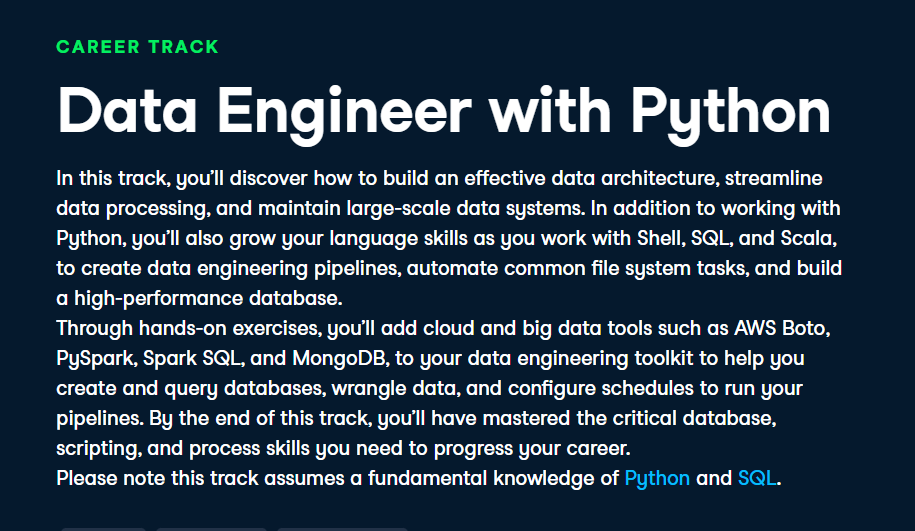 best data engineering courses DataCamp's Data Engineer with Python Career Track