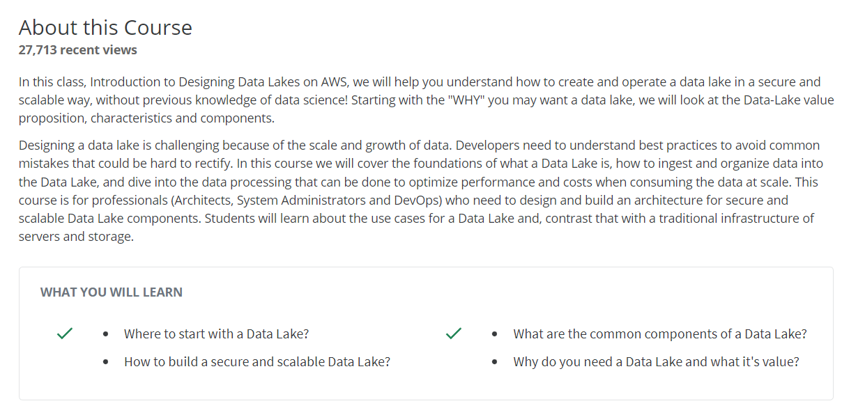 best data engineering courses Introduction to Designing Data Lakes in AWS (Amazon)