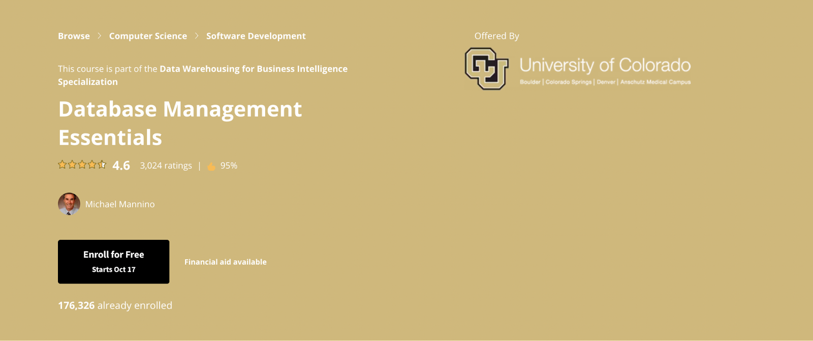 best database management courses Database Management Essentials - University of Colorado on Coursera