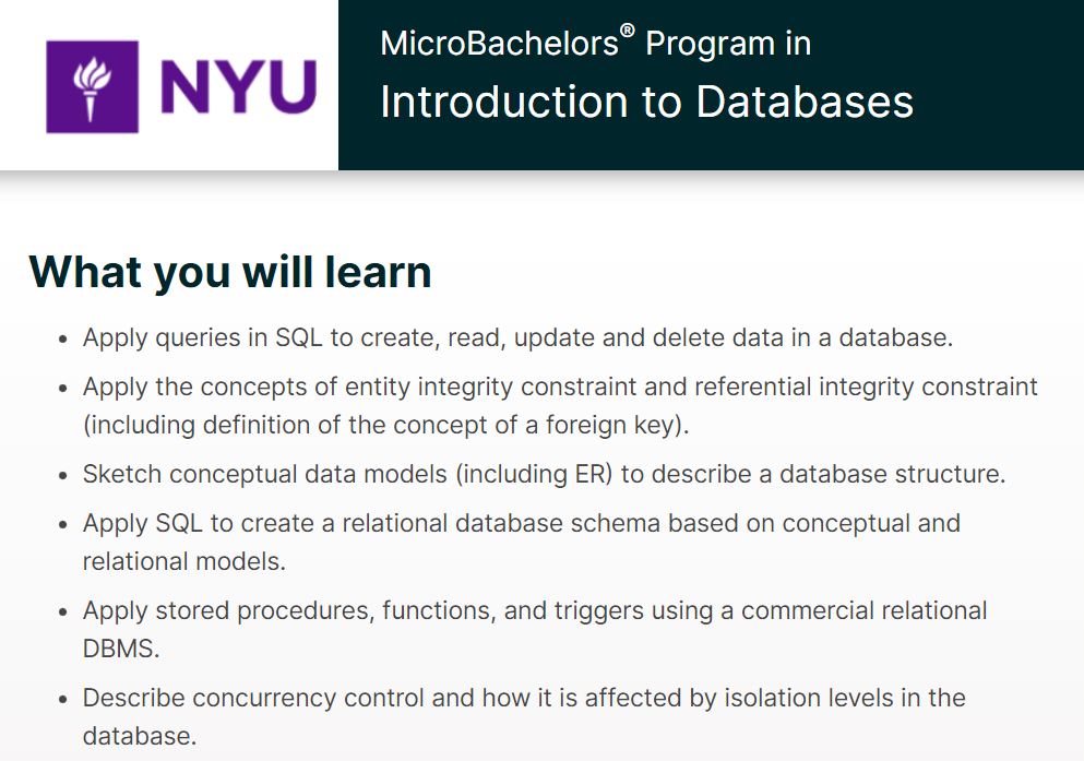 best database management courses, MicroBachelors Program in Introduction to Databases on NYU on edX