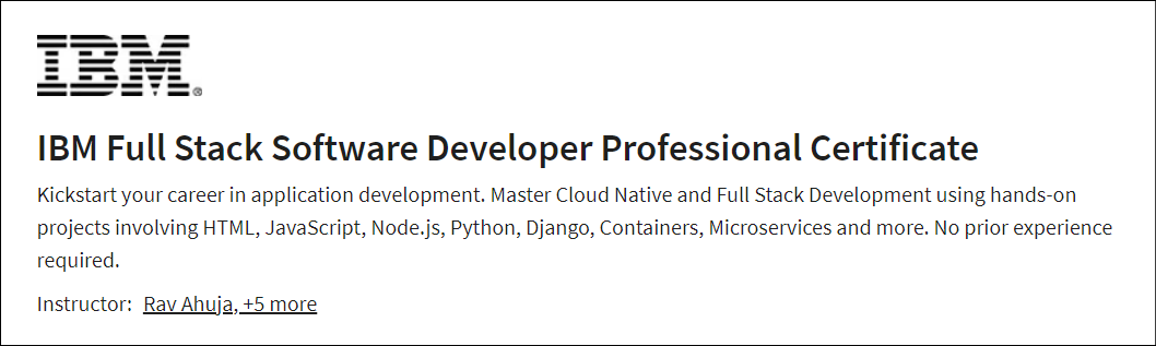 best full stack developer course IBM Full Stack Software Developer Professional Certificate