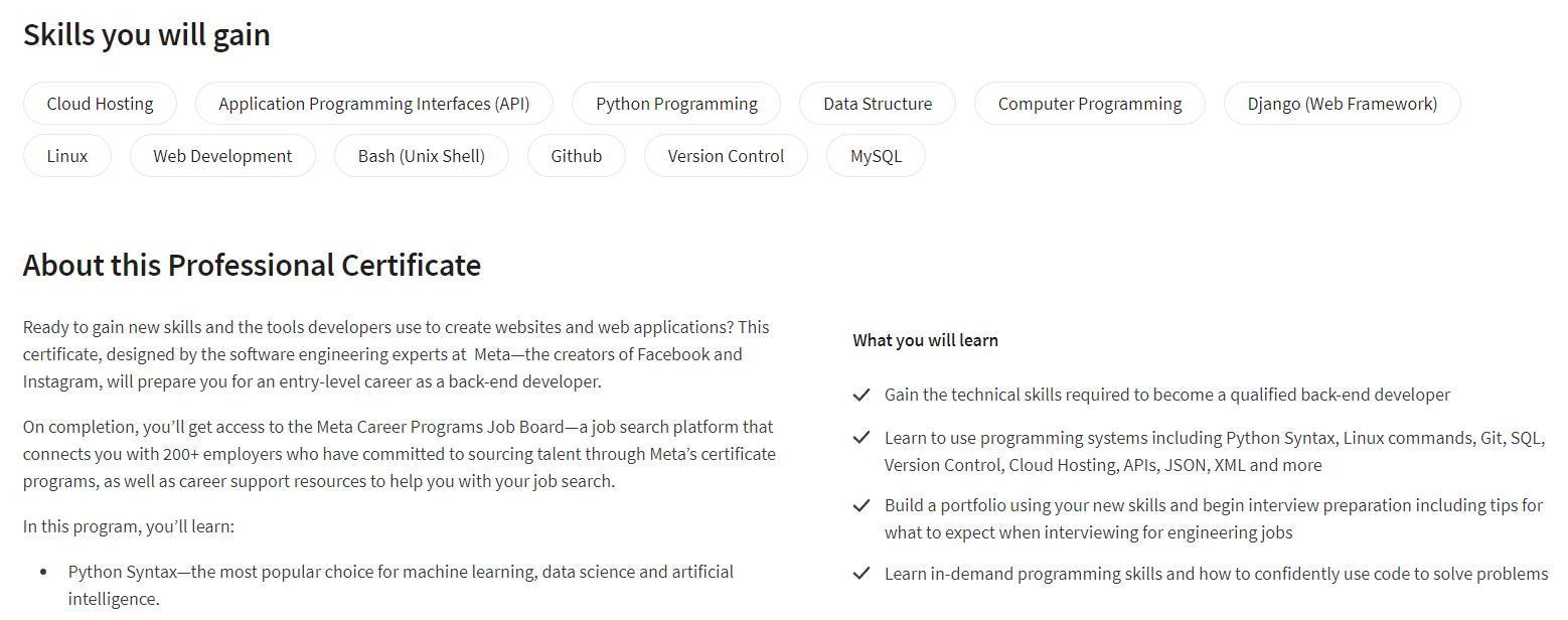 best web developer certification, Meta Back-End Developer Professional Certificate overview