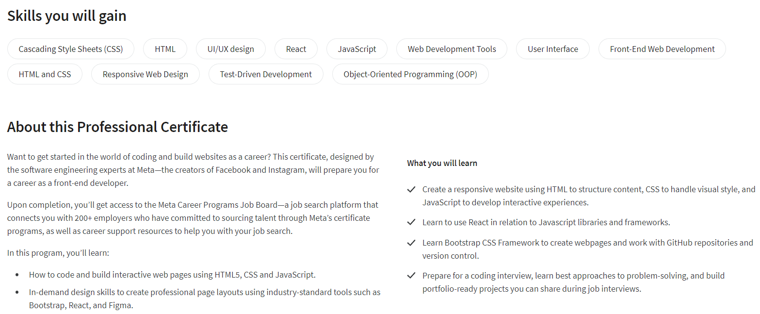 best web developer certification, Meta Front-End Developer Professional Certificate overview
