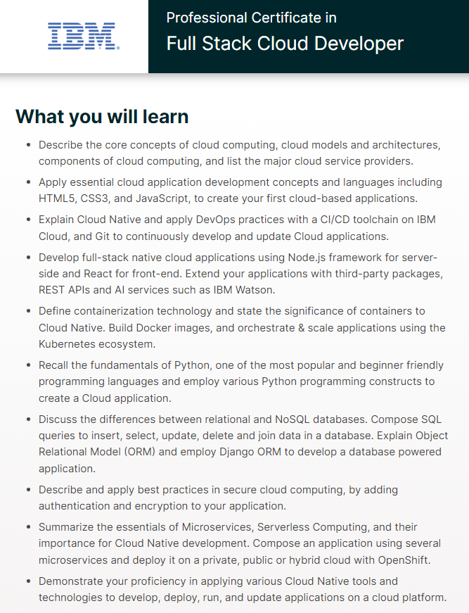 IBM Professional Certificate in Full Stack Cloud Developer best full stack developer course