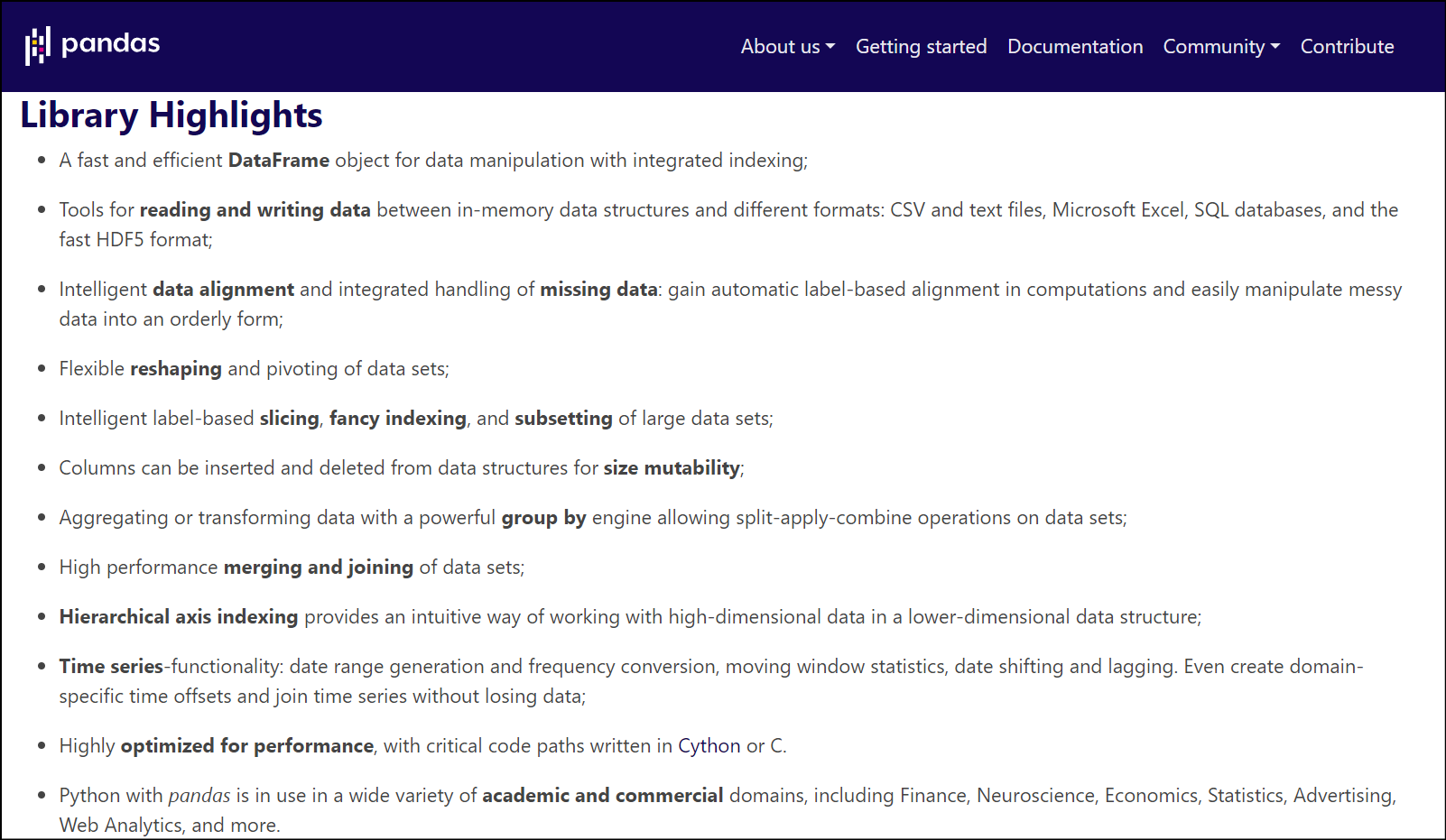 python libraries for data science, pandas library highlights