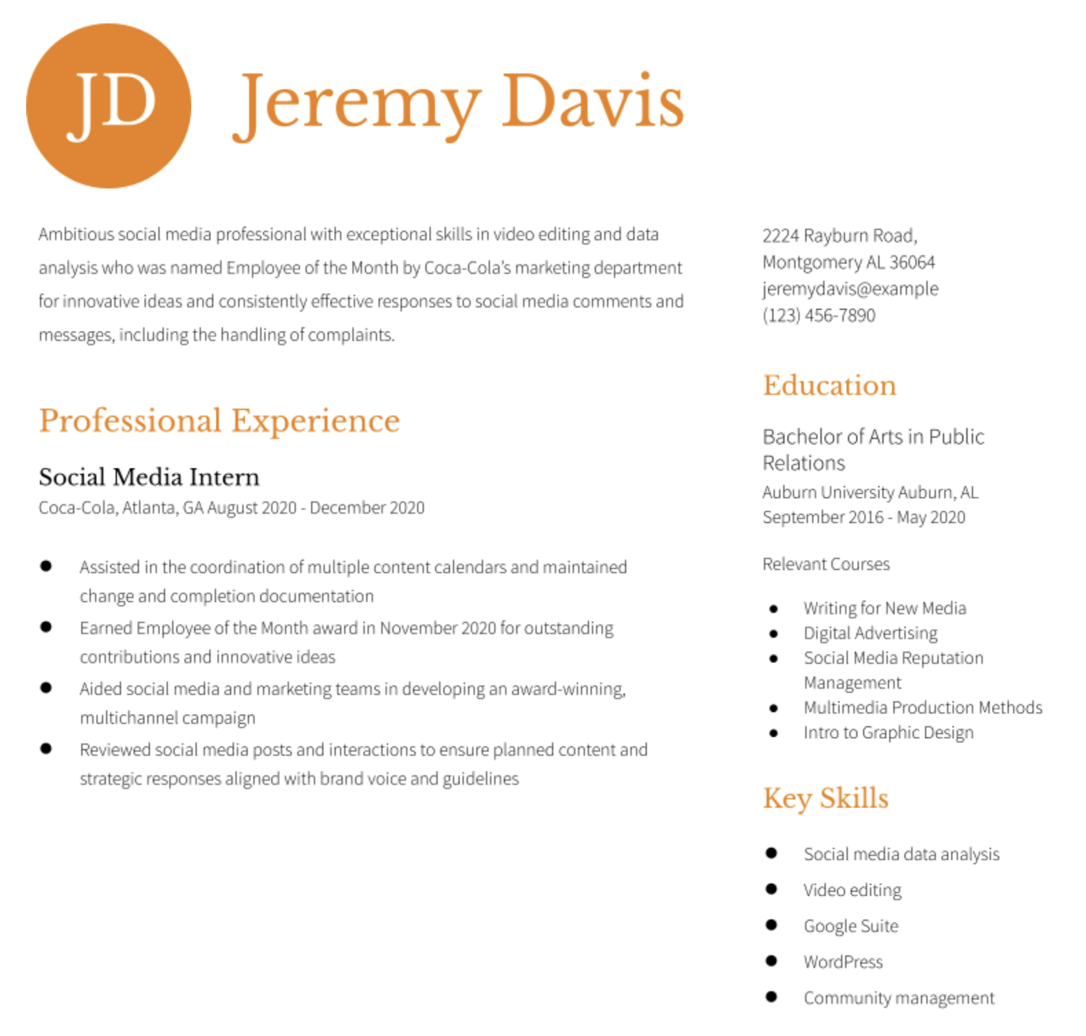 social media marketing intern resume example