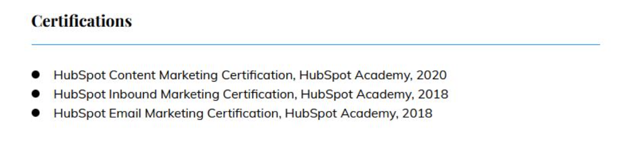 social media marketing resume example -certifications