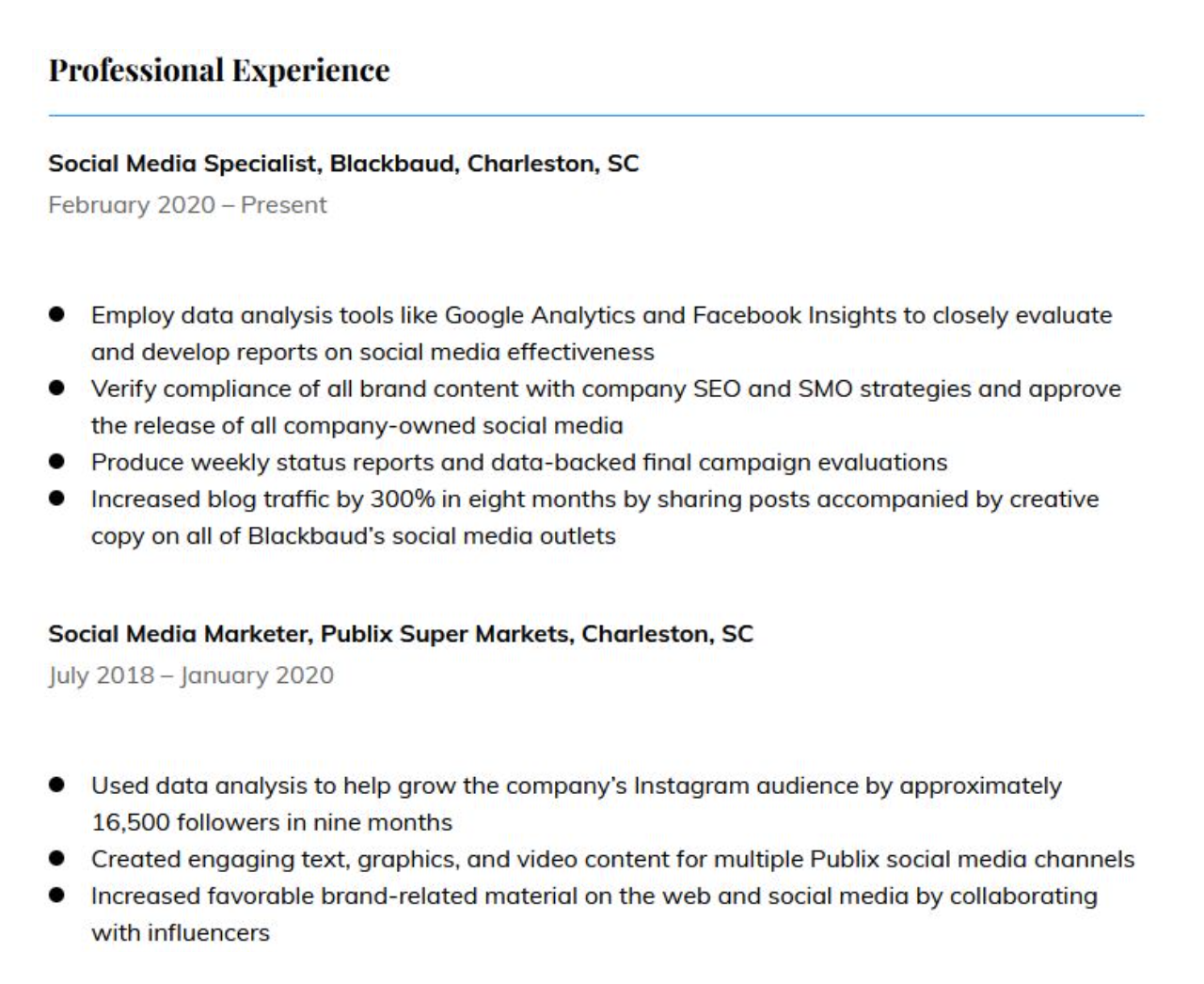 social media marketing resume example - experience