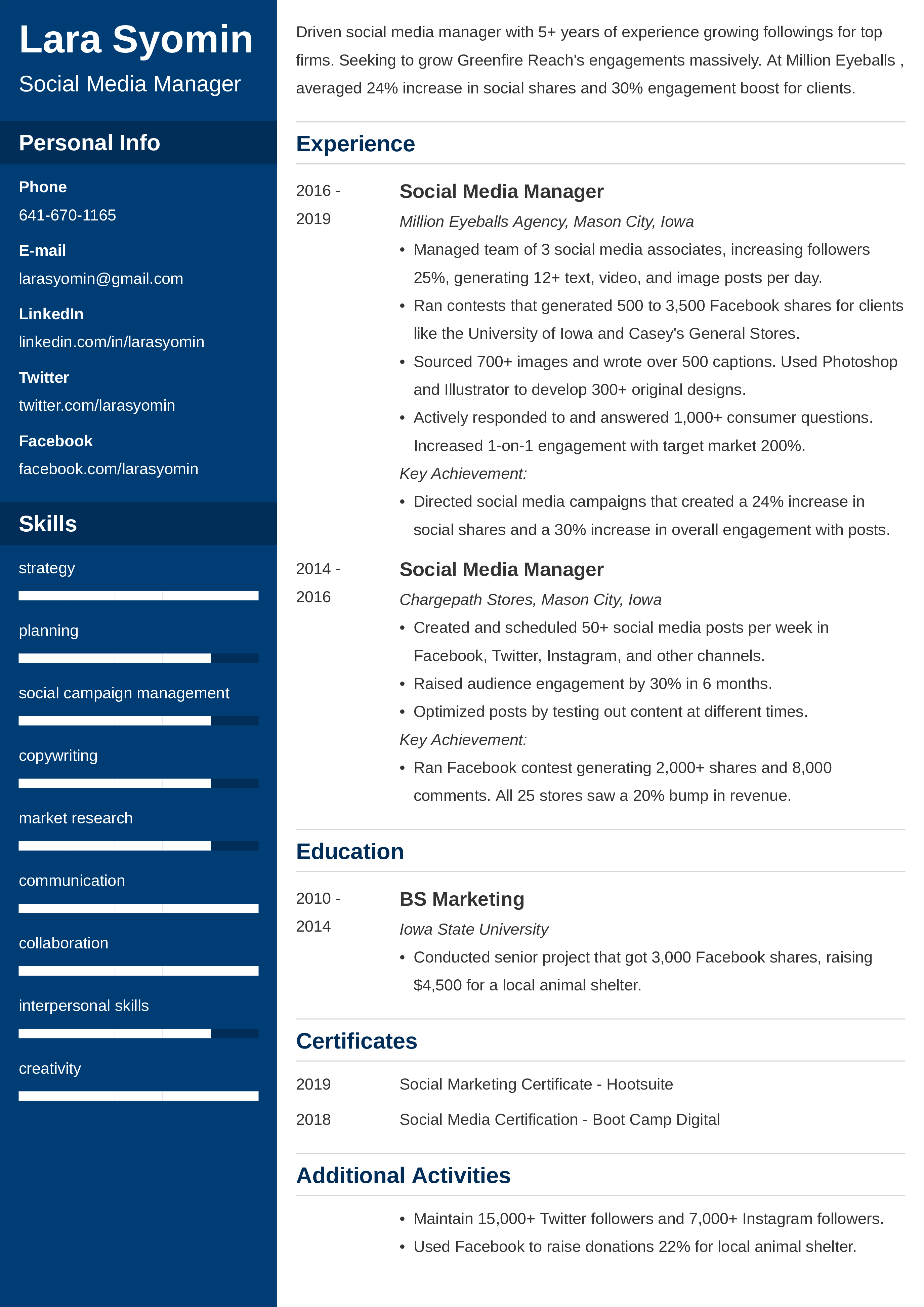 social media manager resume example